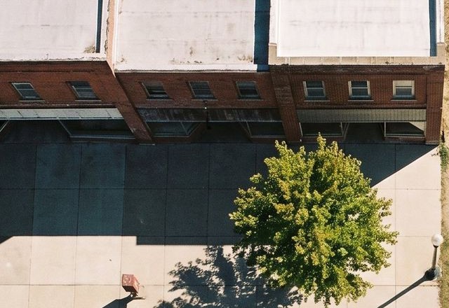 Enlarged from the sheet above: the brick storefronts from overhead, the sidewalk and a maple, the benchmark at one door.