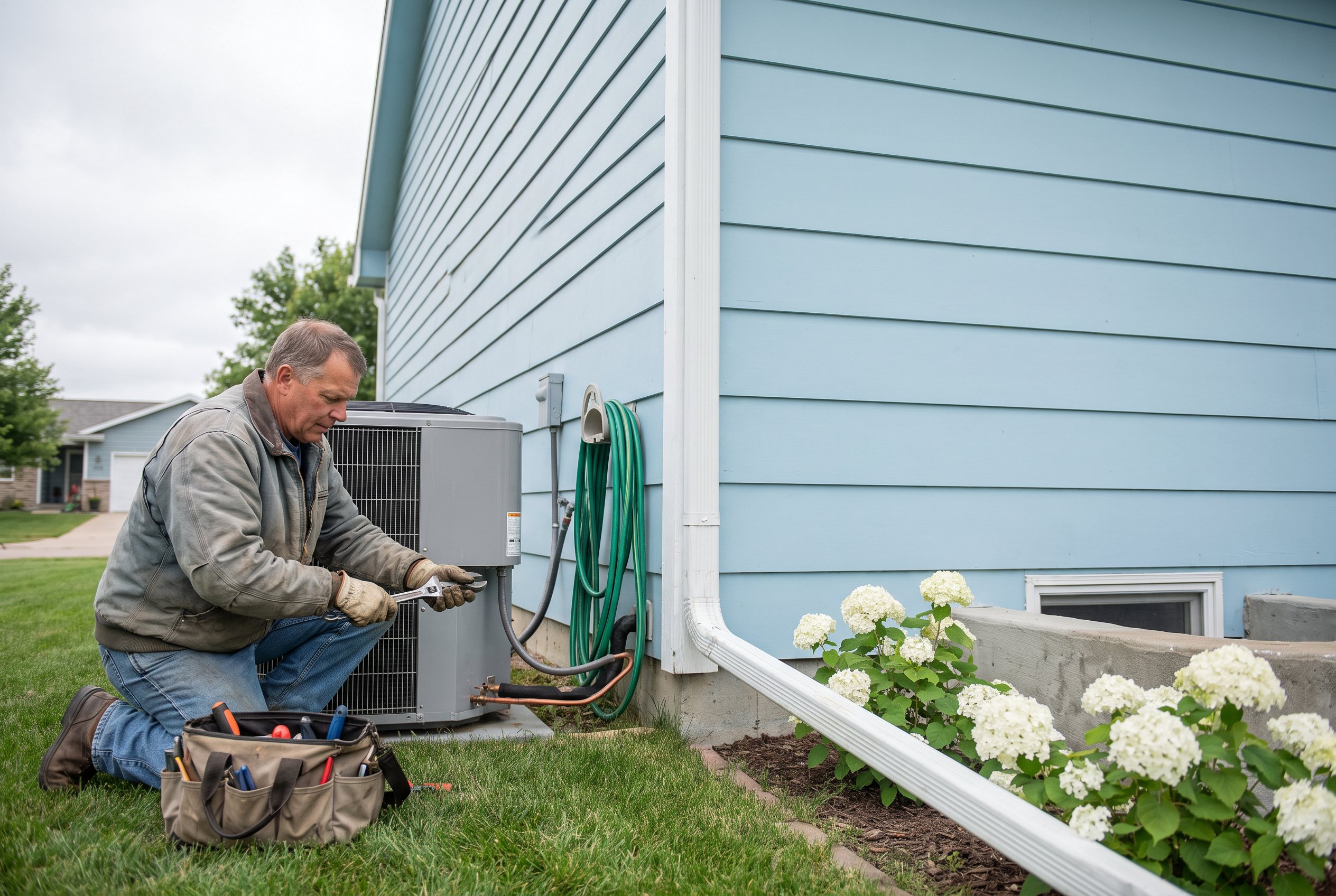 Beside a pale blue clapboard house, a technician in a canvas jacket and work gloves kneels on the lawn tightening a fitting on an air conditioning unit, his tool bag open in the grass and white hydrangeas along the foundation.