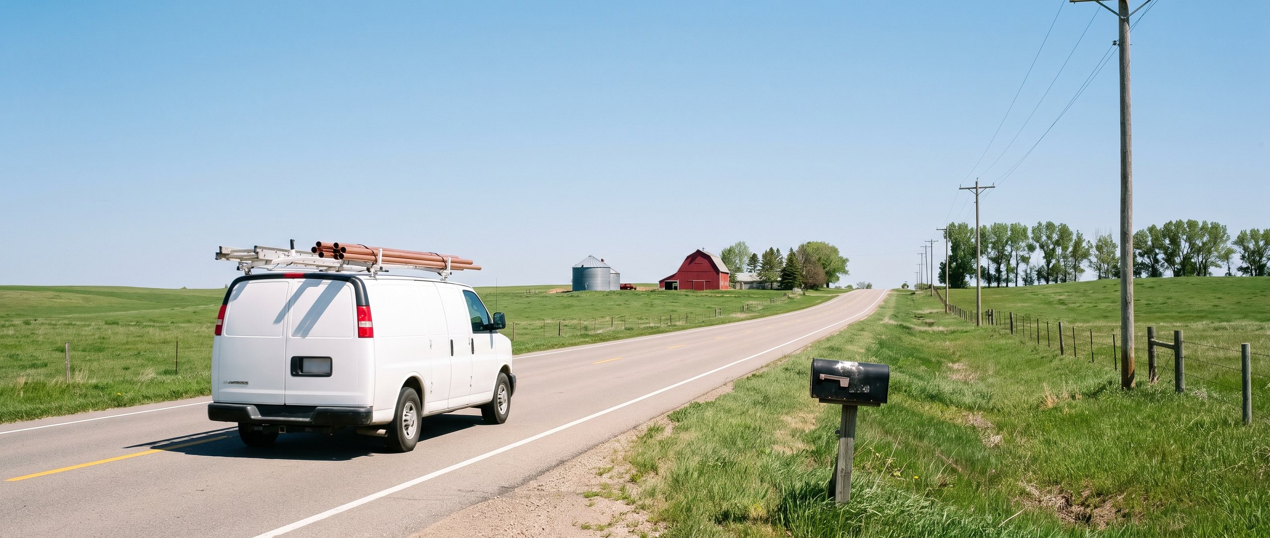A plain white work van with a ladder rack and copper pipe strapped on top drives a two-lane South Dakota highway through green prairie, a red barn and a grain bin ahead, a black rural mailbox on a post in the foreground, under a wide open sky.