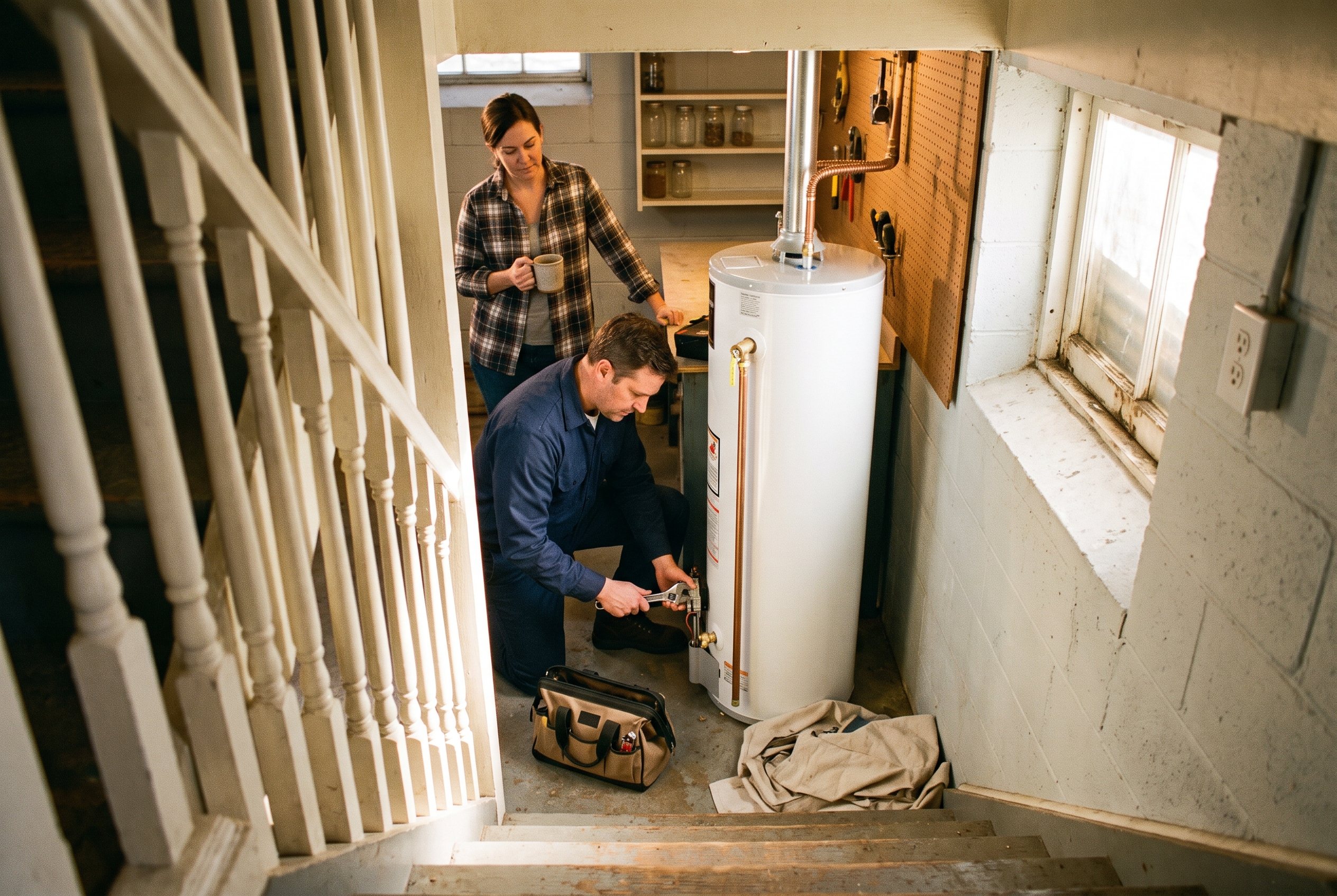 Seen from the basement stairs: a plumber kneels to tighten a valve on a new water heater while the homeowner watches from the workbench with a coffee mug, morning light from a small window.