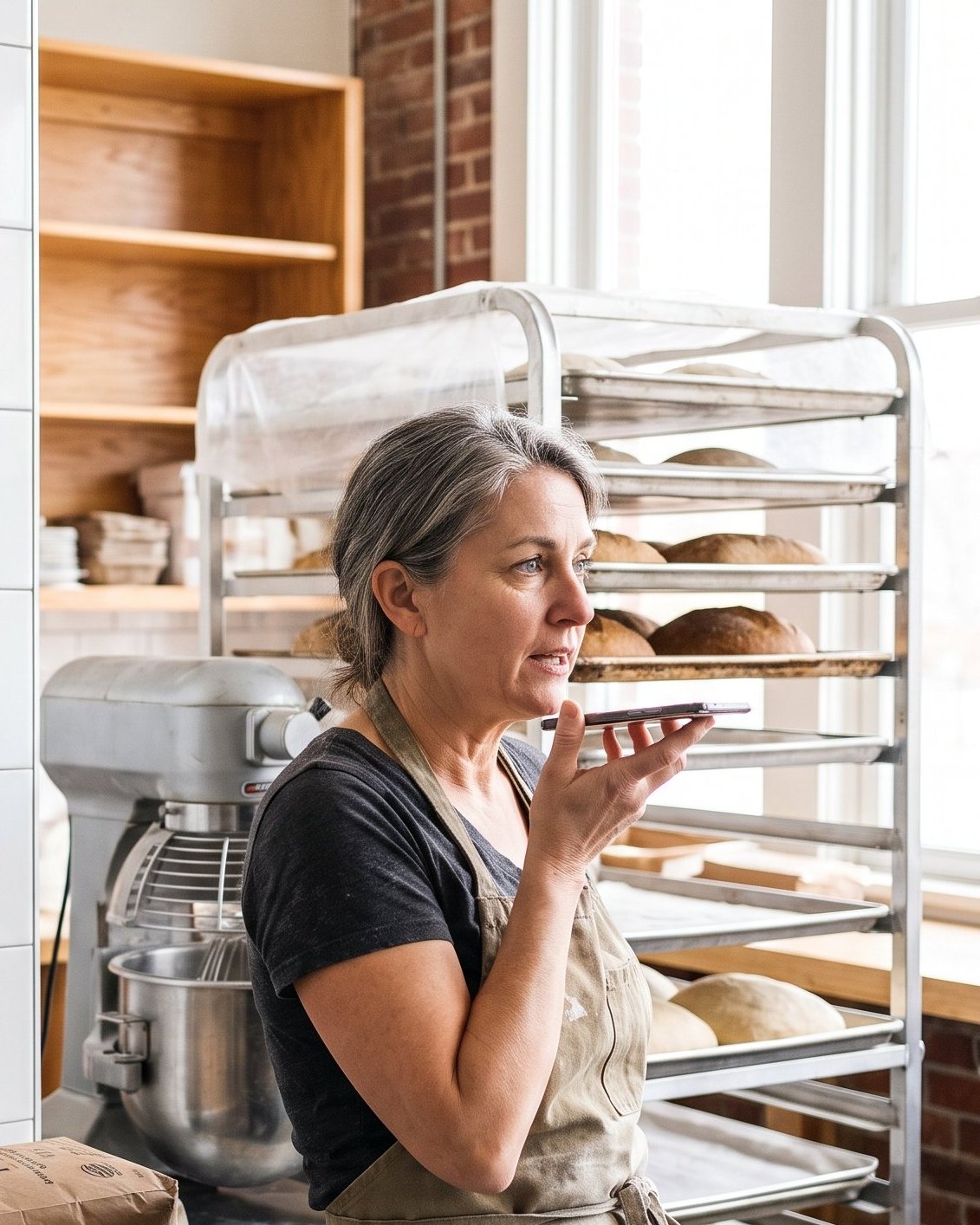In the back of a small bakery with white subway tile and a brick wall, the owner in a flour-dusted canvas apron talks into her phone beside a rack of cooling loaves, window light from the right.