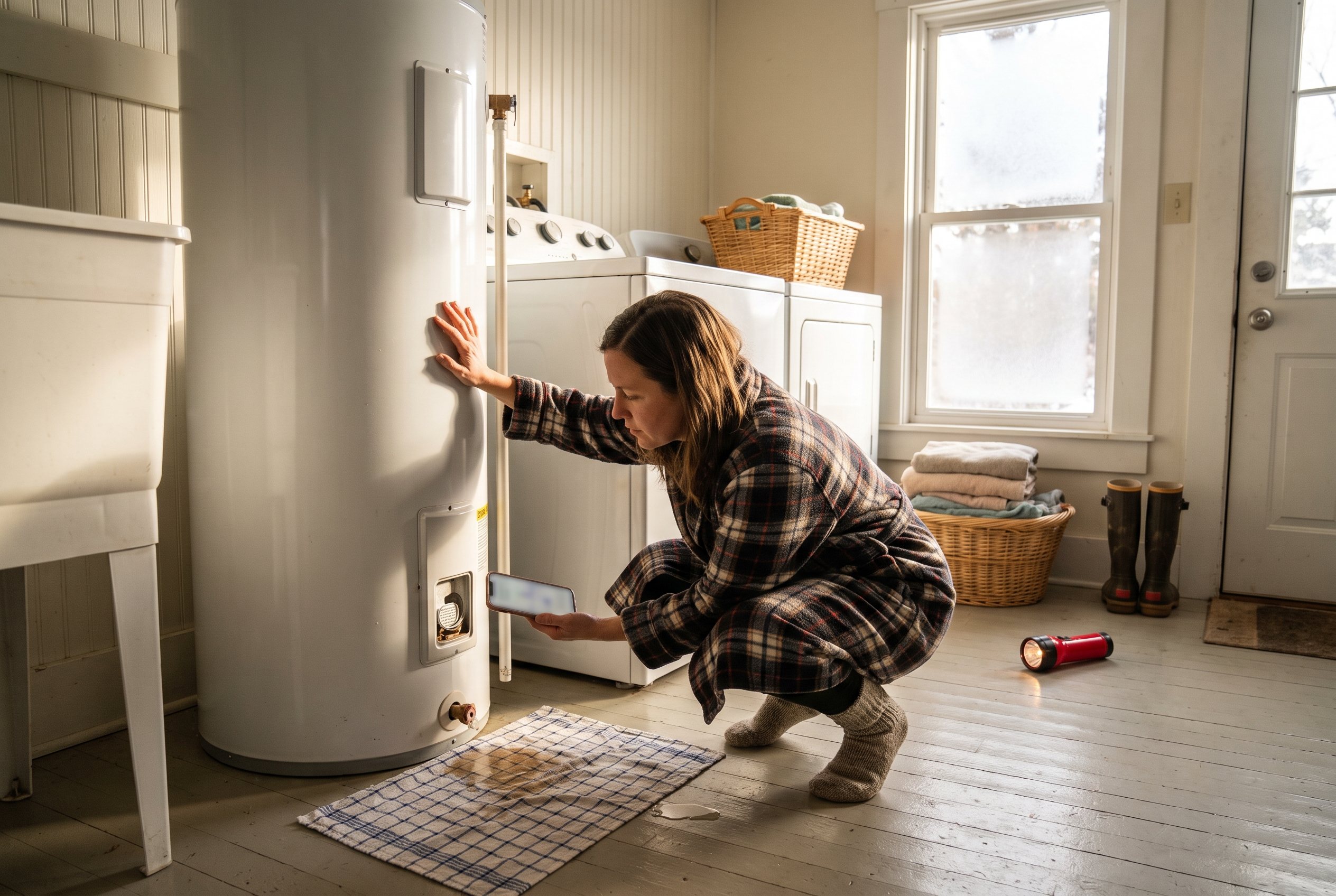 In a farmhouse laundry room in the morning, a woman in a plaid robe crouches beside a water heater with one hand on the tank and her phone in the other, a small puddle on a towel at its base.