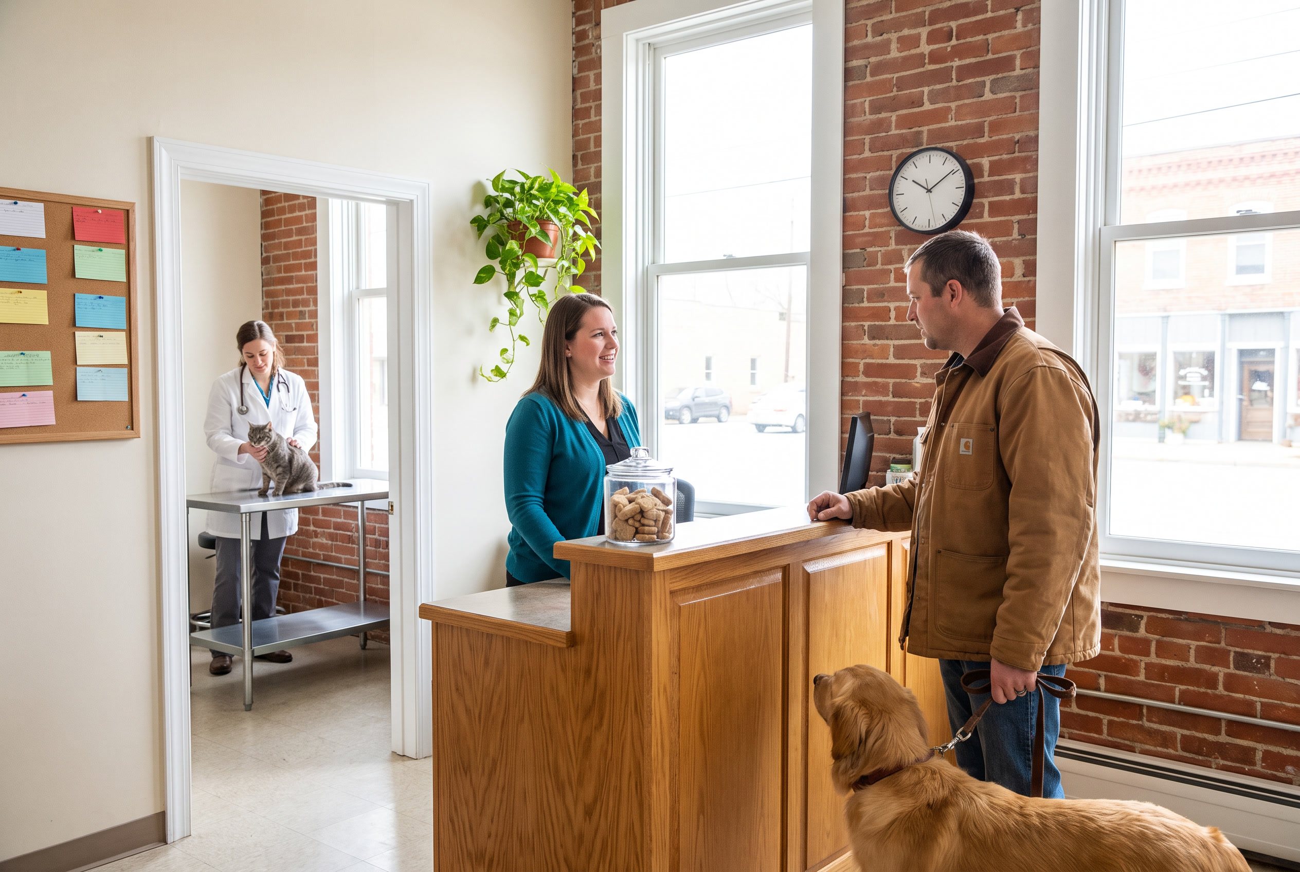 The front desk of a small-town veterinary clinic: the receptionist answers a customer in a canvas jacket while his golden retriever waits, and the veterinarian works with a cat in the room behind.
