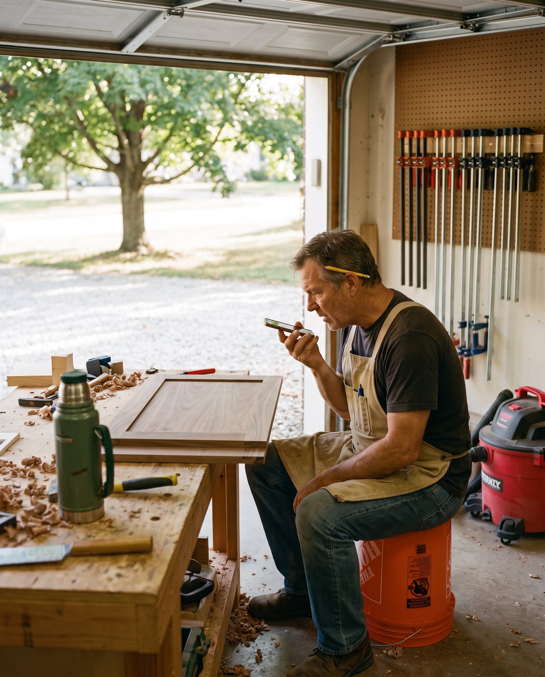 A cabinetmaker in a canvas apron sits in his garage shop and talks into his phone, looking at the walnut cabinet door on the bench, the garage door open to a maple and a gravel drive.