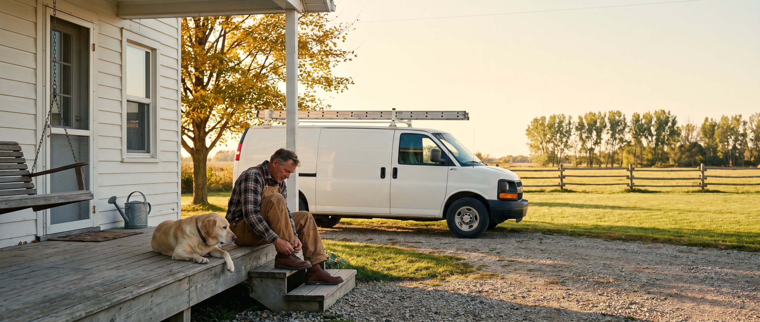 Golden evening light on a white farmhouse porch: a man in a plaid shirt and canvas work pants sits on the steps unlacing his work boots beside a yellow Labrador, a white work van parked on the gravel drive behind him and a split-rail fence and cottonwoods beyond.